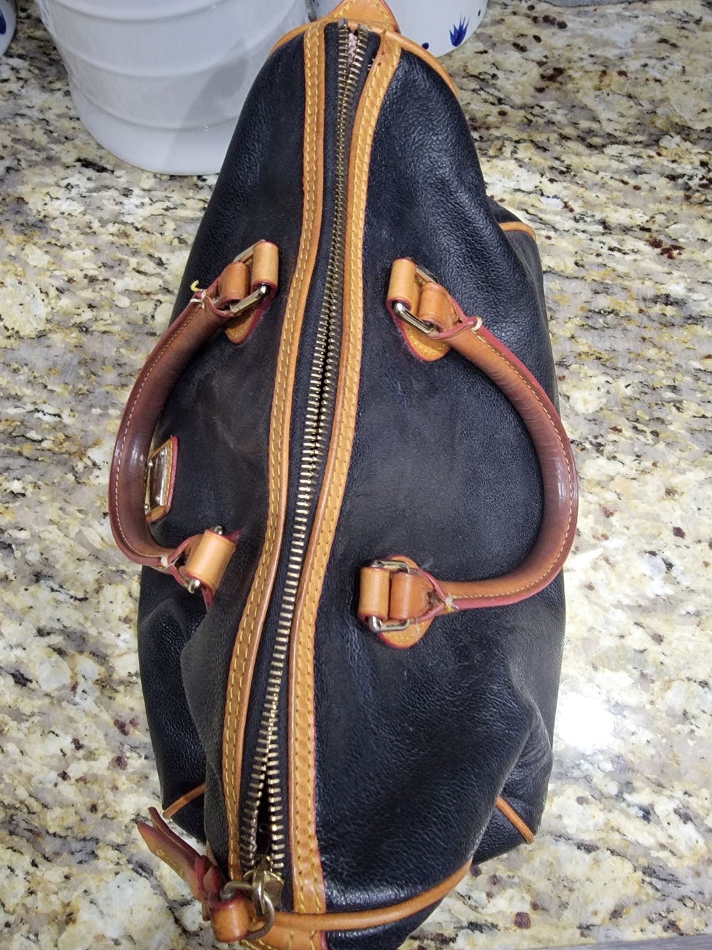 Dooney & Bourke Black Leather Satchel with Brown Trim - Picture 4 of 6